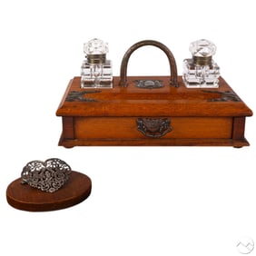 Antique Wood and Glass Double Inkwell Writing Box