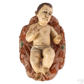 Antique Wooden Santo Nino Jesus on Silk Cushion