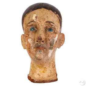 Antique Carved & Painted Wood Santos Head Fragment