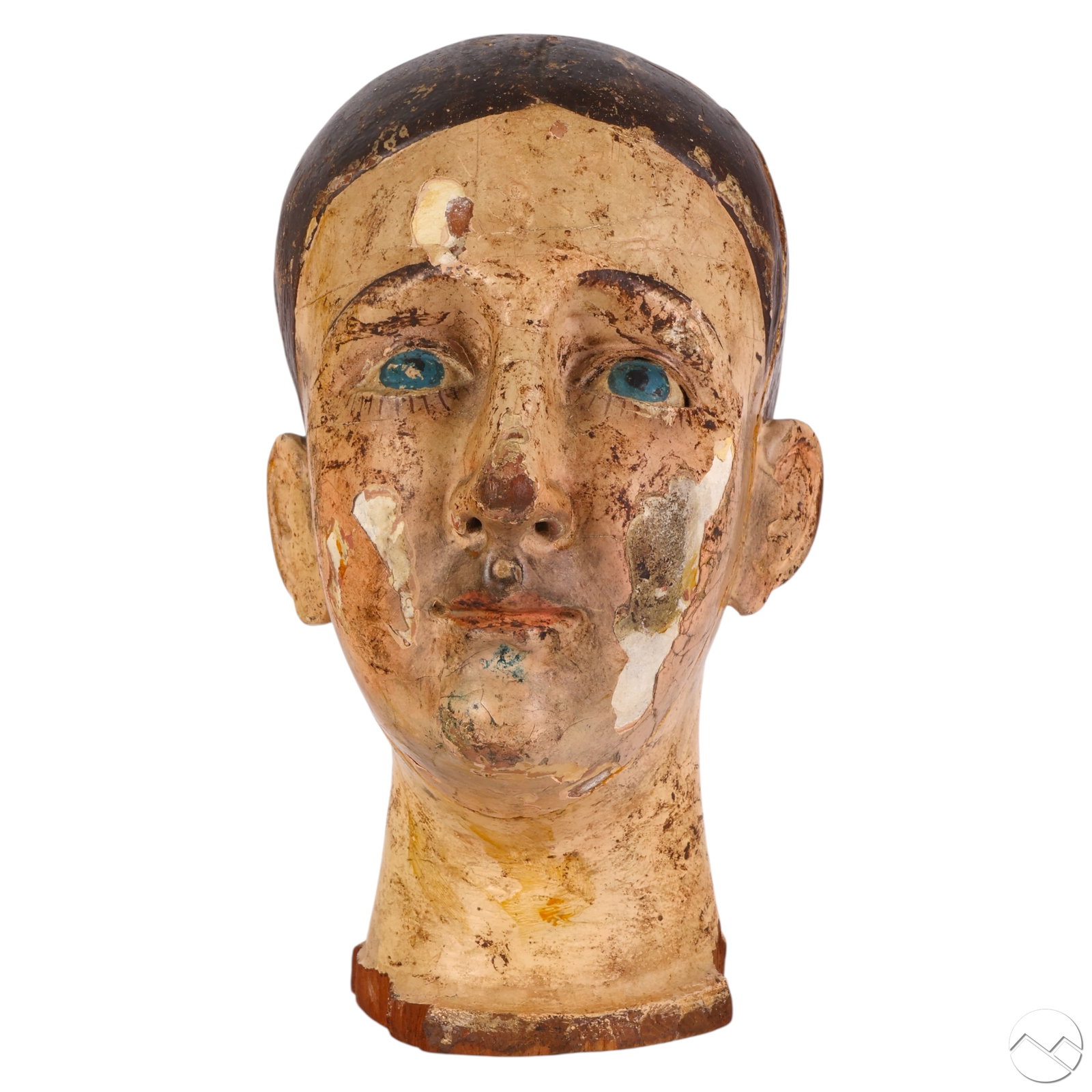 Antique Carved & Painted Wood Santos Head Fragment: Continental antique polychrome carved wood Santos head depicting a male figure, possibly a saint or Christ. Rendered in dark brown tones, the facial expression conveys calm reverence, characteristic o