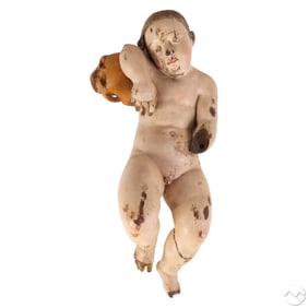 Antique Painted Wood Santo Nino with Skull Figure