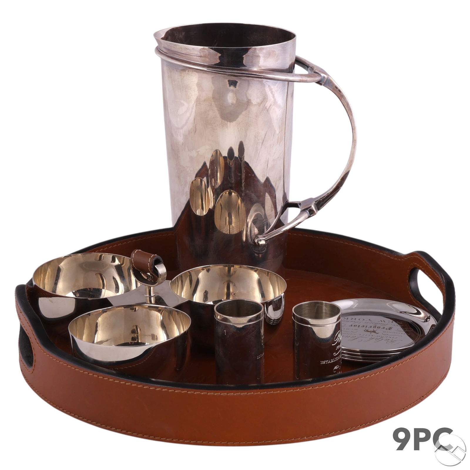 Ralph Lauren Cantwell Bar Tray and Accessories LOT: Nine-piece Ralph Lauren Home silver plate and leather barware and serveware set featuring equestrian and Madison Avenue motifs. Includes a round leather tray embossed with 888 Madison Avenue New York,