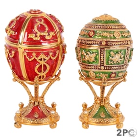 Faberge Green & Red Enamel Jeweled Egg Box w Stand