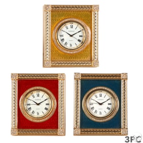 Faberge Set of Three Guilloche Enamel Desk Clocks