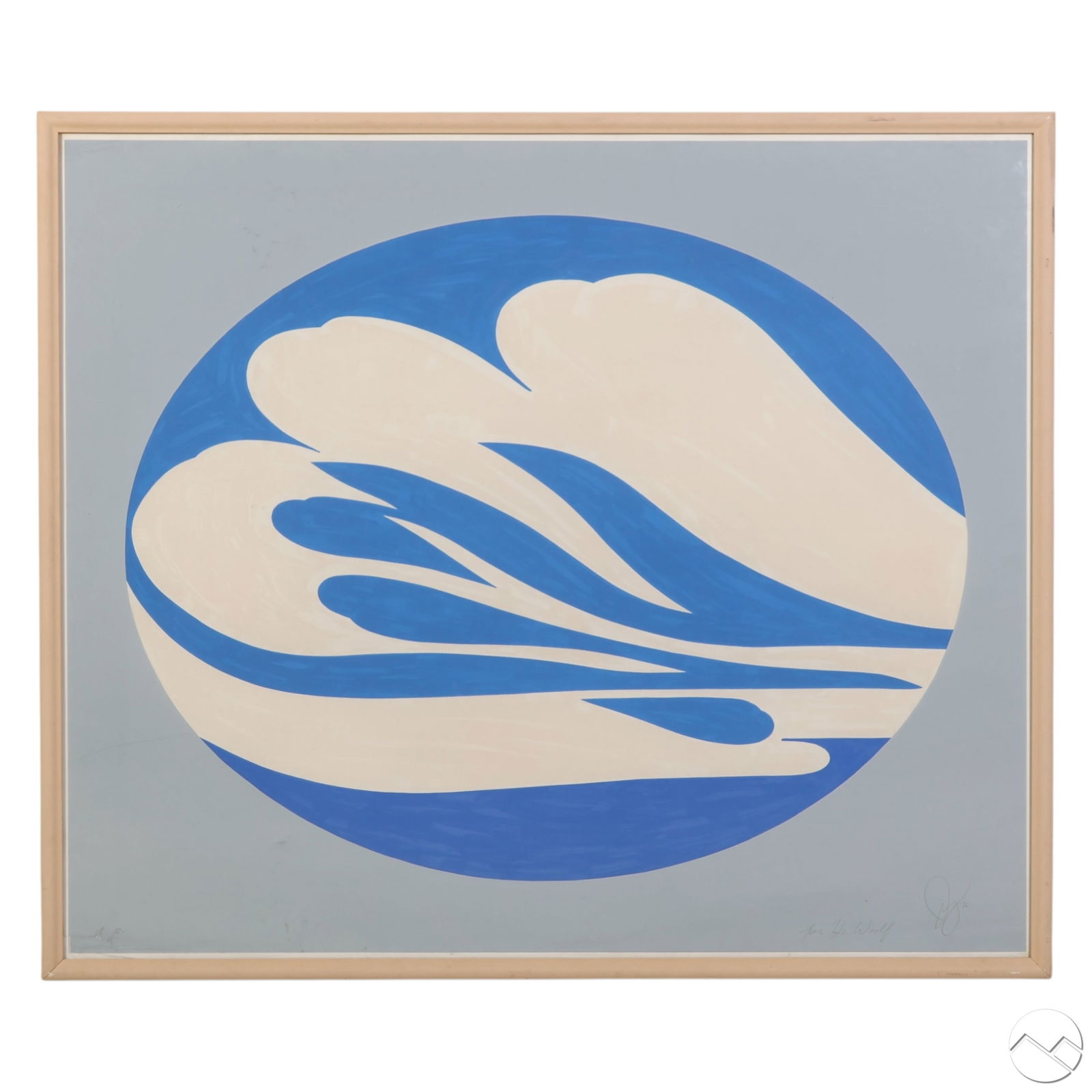 Jack Youngerman 1926-2020 Ukiyo-E Serigraph SIGNED: Jack Youngerman (American, 1926-2020), bold abstract serigraph from the Ukiyo-E Portfolio series, depicting a fluid blue and cream biomorphic design within a circular composition. Signed and dated '76