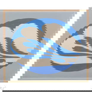 Jack Youngerman 1926-2020 Ukiyo-E Serigraph SIGNED: Jack Youngerman (American, 1926-2020), bold abstract serigraph from the Ukiyo-E Portfolio series, depicting a fluid blue and cream biomorphic design within a circular composition. Signed and dated '76