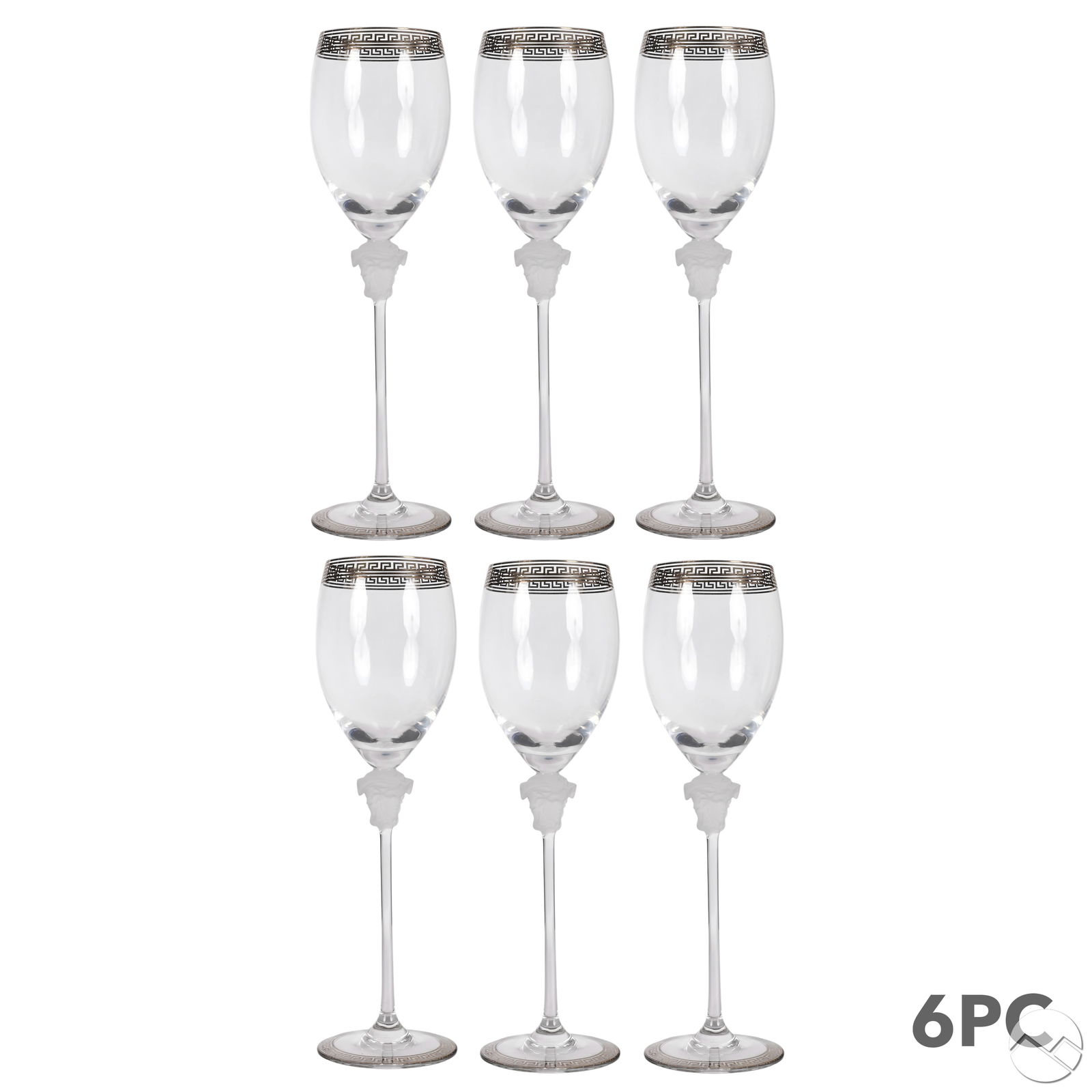Versace Rosenthal Medusa D'Or Wine Goblets 6pc SET: Versace for Rosenthal set of six studio line crystal barware white wine goblets in the Medusa D'Or pattern. Produced between 1996-2019. Each goblet features a frosted Medusa head at the stem base, a g