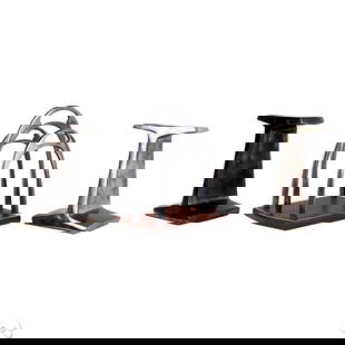 Ralph Lauren Home Bookends & Letter Holder 3pc LOT: Ralph Lauren Home desktop accessory lot including a sculptural letter holder and a pair of modernist bookends. The letter holder features arched silver-plated supports on a stitched leather base, meas