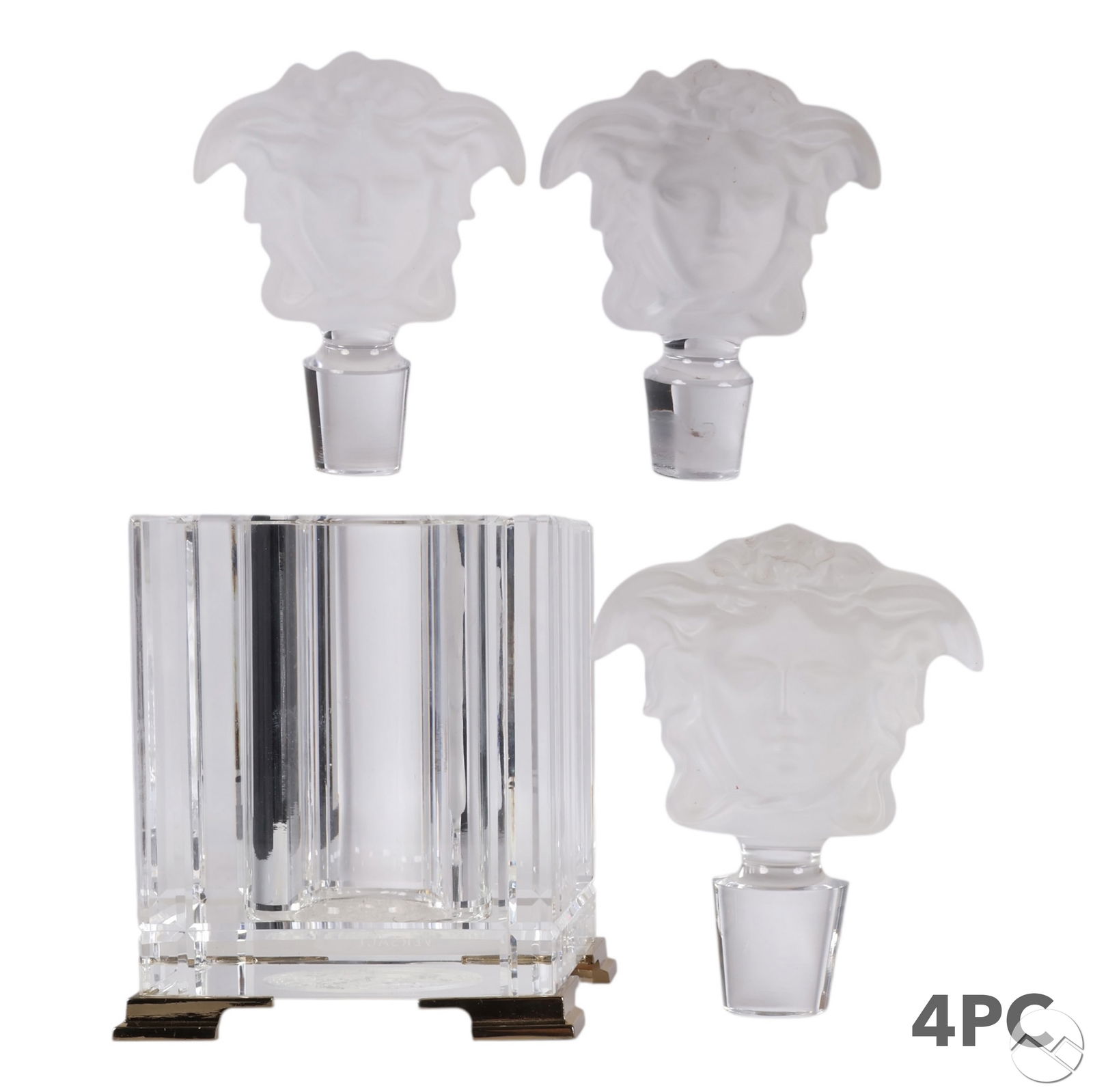 Versace Rosenthal Crystal Vase & Stoppers 4pc LOT: Lot of four Rosenthal for Versace crystal table accessories including three wine stoppers with frosted Medusa head finials atop clear tapered bases and one square-cut clear crystal vase with etched Me