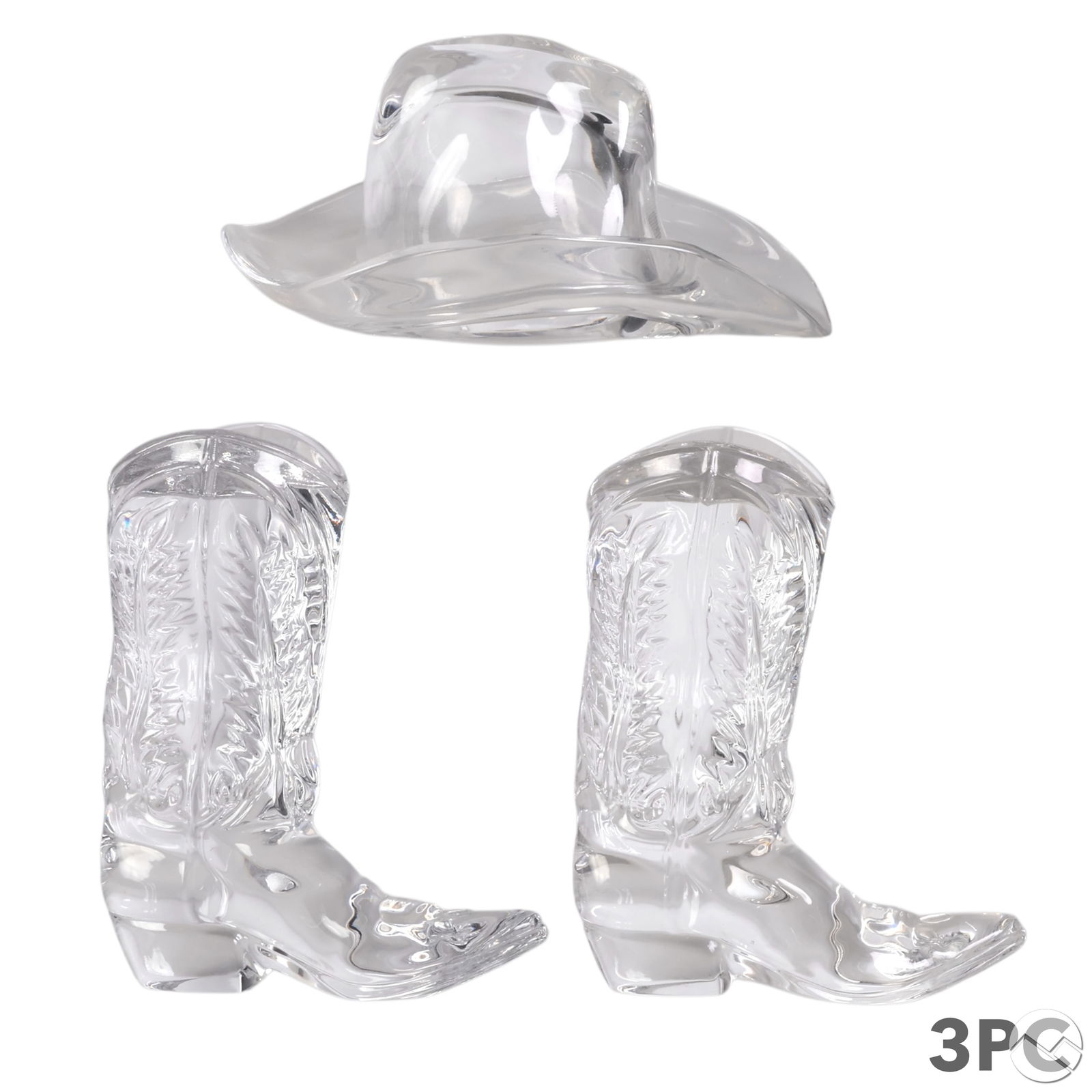 Ralph Lauren Crystal Cowboy Boots and Hat 3pc LOT: Ralph Lauren clear crystal figural paperweights comprising a pair of cowboy boots and a classic cowboy hat. Each piece is crafted with detailed Western motifs and a smooth polished finish, and both ar