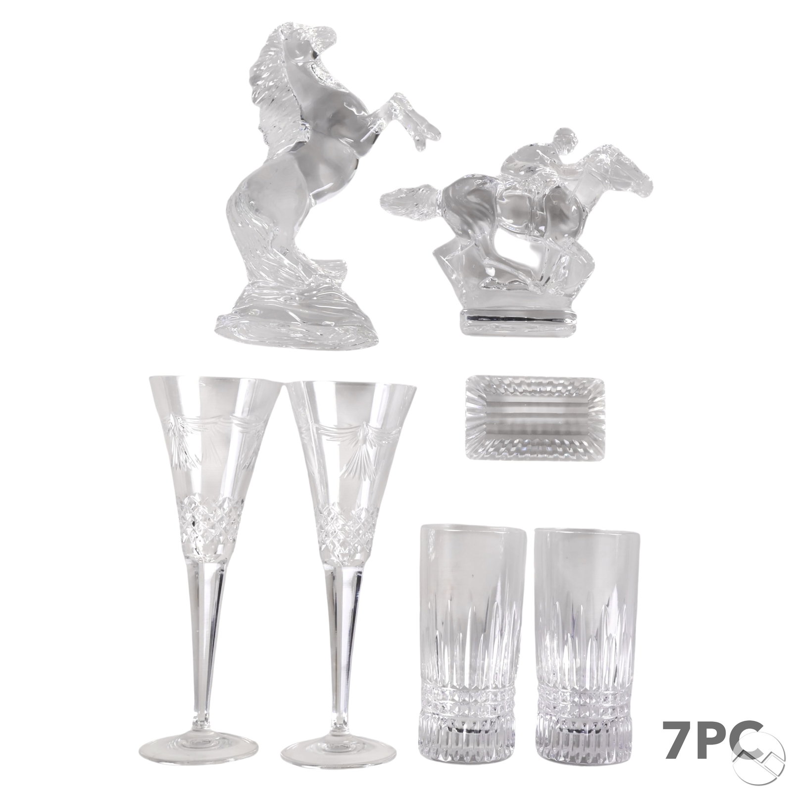 Waterford Crystal Glass Horse Paperweight 7pc. LOT: Seven-piece Waterford crystal lot including two horse sculptures, two Millennium Collection toasting flutes, two Lismore Diamond highball glasses, and one rectangular paperweight. The horse sculptures