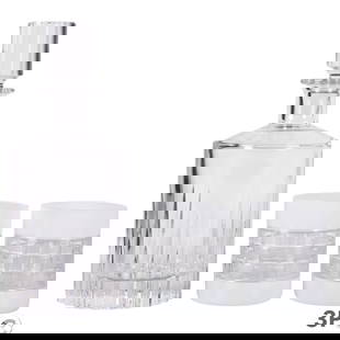 Waterford Crystal Decanter and Two Glasses LOT 3pc: Three-piece Waterford crystal bar lot featuring a faceted Iriano decanter with matching stopper and two London White Double Old Fashioned tumblers. The decanter displays classic vertical cuts with a f