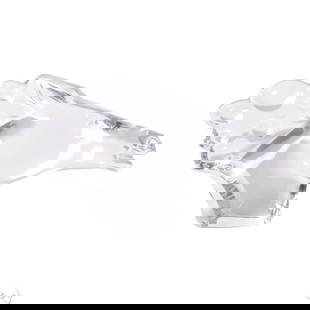 Baccarat Robert Rigot Crystal Horse Head Sculpture: Baccarat French crystal clear horse head sculpture designed by Robert Rigot, featuring a fluid form with a wavy mane and ears swept back, evoking the motion of a running horse. The design captures the