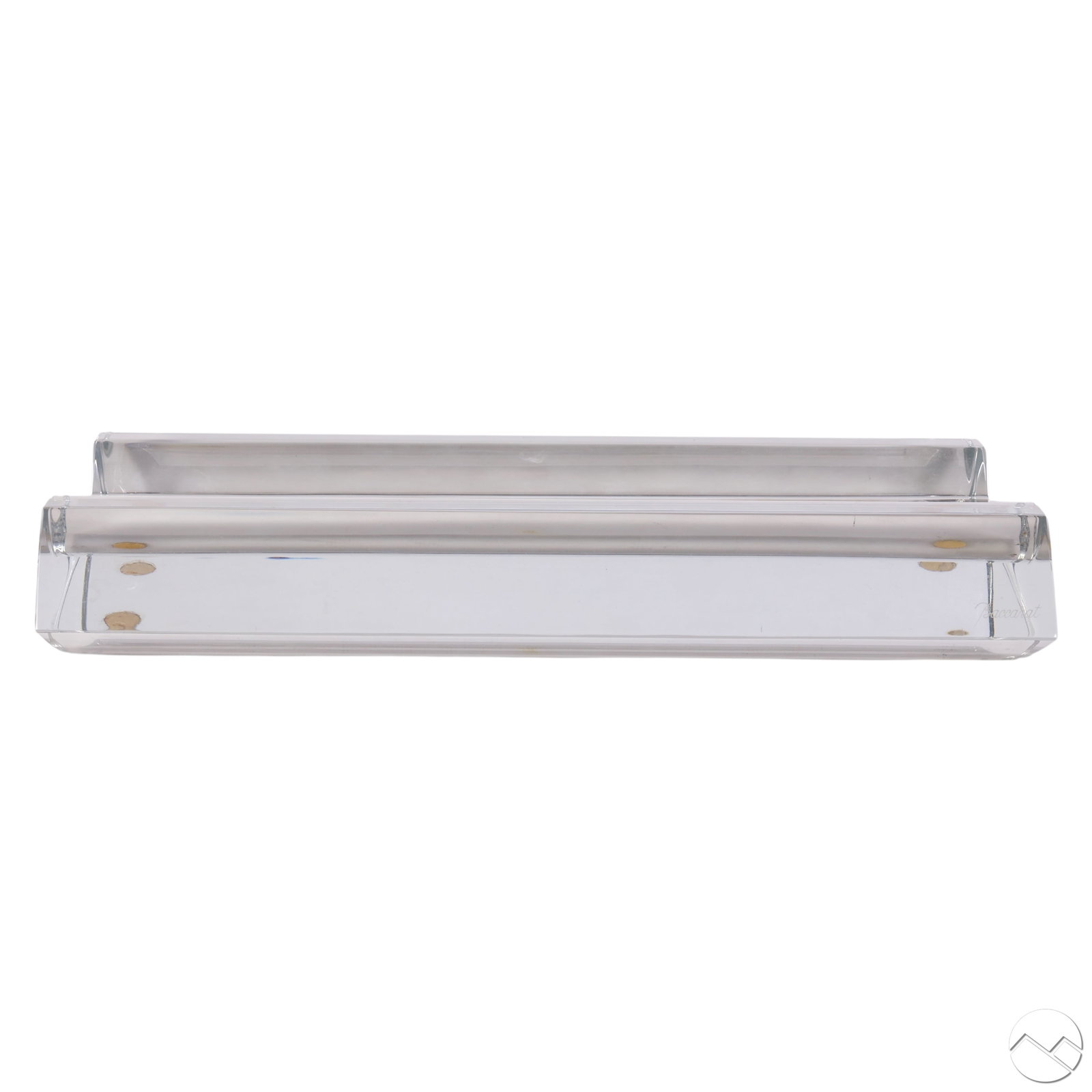 Baccarat French Clear Crystal Centerpiece Tray: Baccarat French crystal centerpiece tray featuring a sleek, minimalist modernist design. Crafted from thick, high-clarity crystal, the tray has a recessed center with sharply angled sides and beveled 