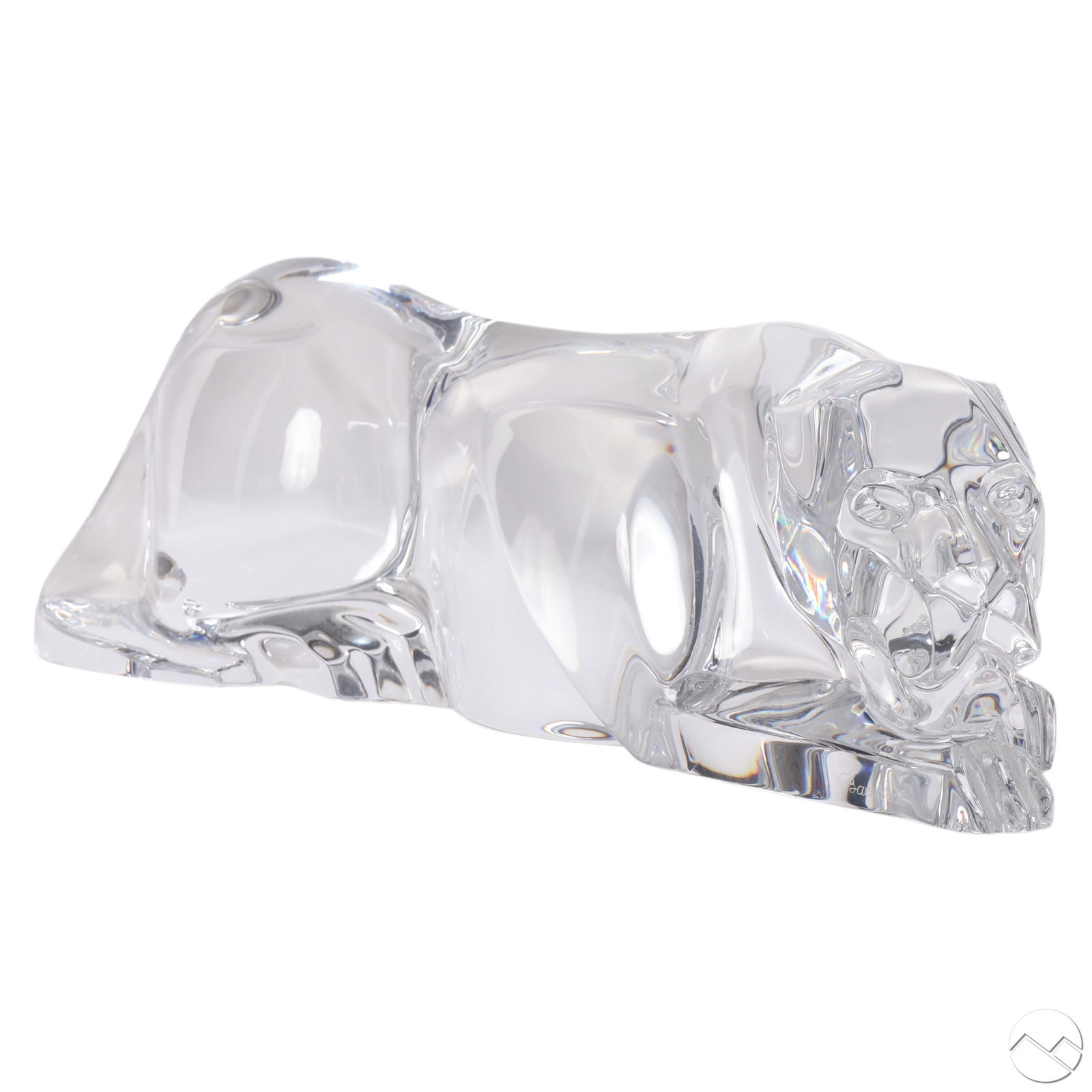 Baccarat Clear Crystal Stalking Panther Sculpture: Baccarat France clear crystal sculpture depicting a crouching panther in a streamlined, stylized pose. Rendered in smooth, polished crystal, the figure blends naturalistic detail with Art Deco influen