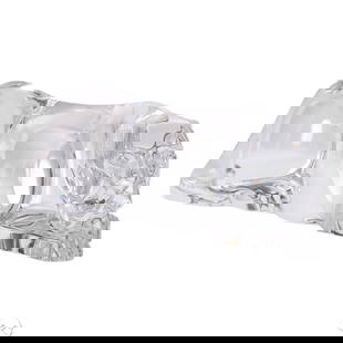 Baccarat Clear Crystal Stalking Panther Sculpture: Baccarat France clear crystal sculpture depicting a crouching panther in a streamlined, stylized pose. Rendered in smooth, polished crystal, the figure blends naturalistic detail with Art Deco influen