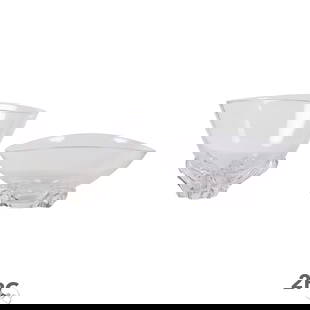Steuben Crystal Art Glass Centerpiece Bowls 2p LOT: Large-scale Steuben pair of clear crystal decorative art glass bowls. Each bowl features a freeform asymmetrical rim with thick walls, rising from a sculptural base of pulled and twisted petal-like el