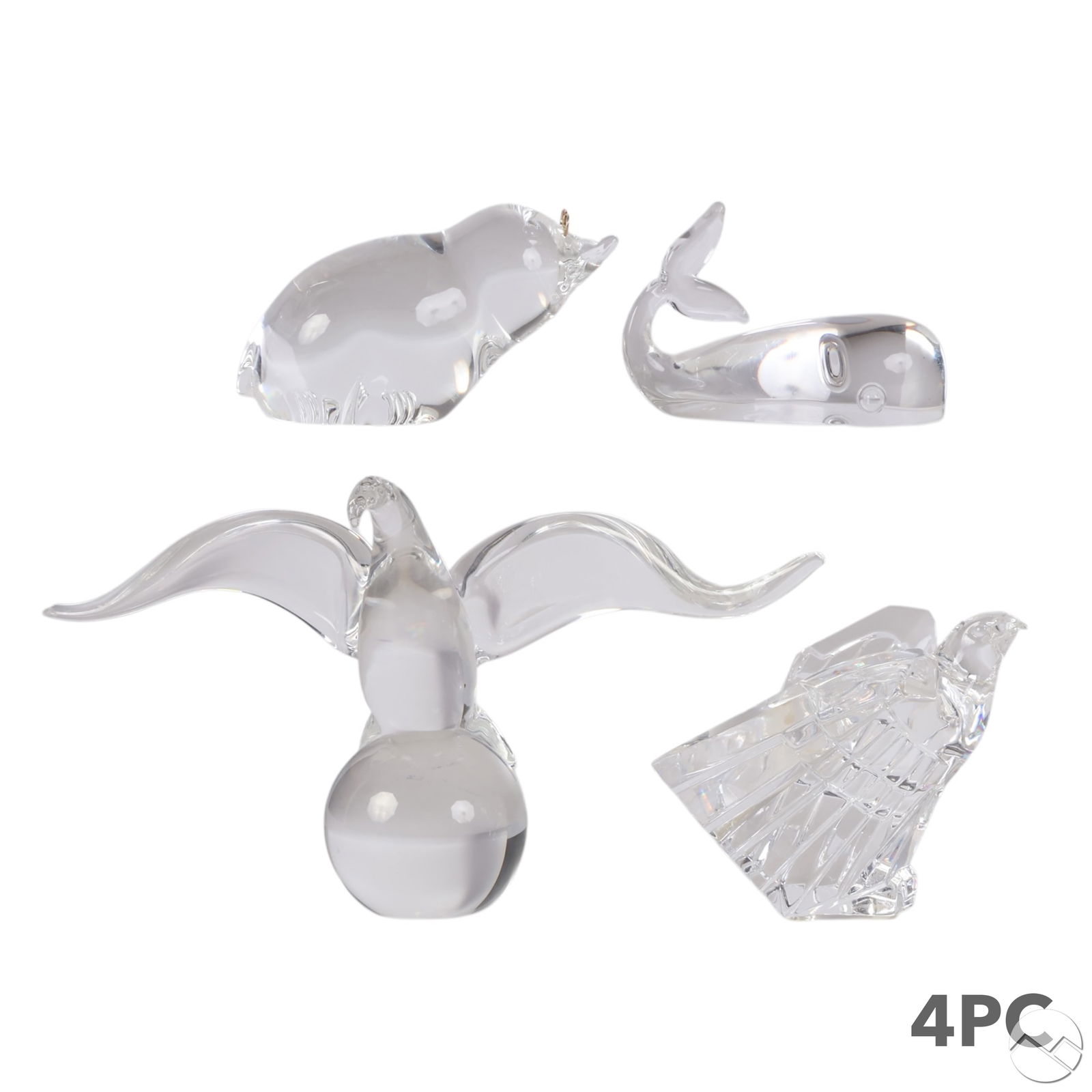 Steuben Crystal Eagle Whale Mole Glass Sculptures: Steuben grouping of four clear crystal studio-crafted art glass sculptures comprising a stylized American eagle with fanned wing detail, a mole with 18K yellow gold eyeglass frames, a whale with raise