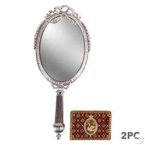Faberge Enameled Swan Hand Mirror and Box 2pc LOT