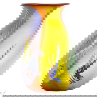 Studio Art Glass Multi-Color Abstract Vase SIGNED: Studio art glass vase with a flared rim and bulbous form, decorated with swirling multicolor abstract patterns in amber, green, blue, and yellow. The surface has a satin finish. Signed "P Pinnzan" on
