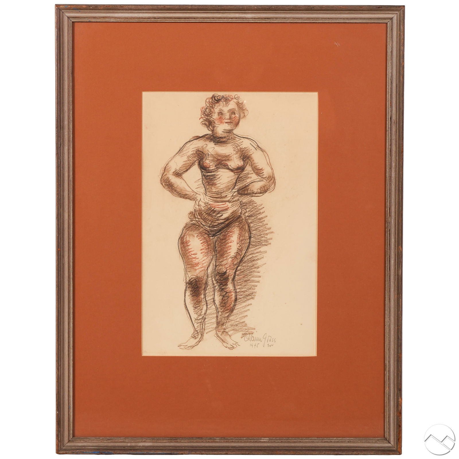 Chaim Gross (1904-1991) Expressive Figural Drawing: Chaim Gross (American, 1904-1991), original mixed media illustration on paper depicting a stylized standing female nude with expressive linework and crosshatching. Signed and dated 1948 in the lower r