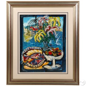 Window with Lilies and Seafood Still Life Painting