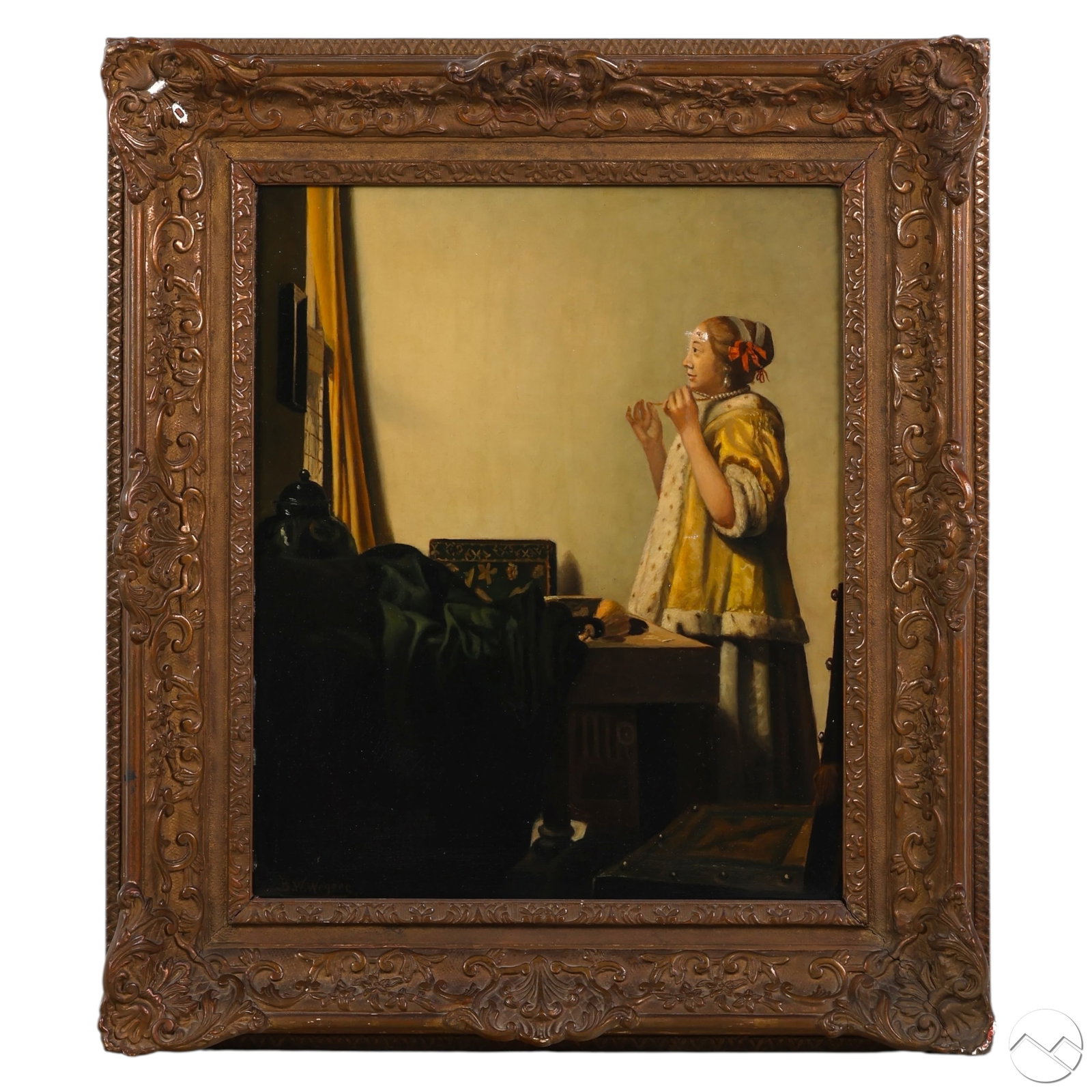 Berend Wolter Weyers 1866-1949 Portrait Painting: Berend Wolter Weyers (Dutch, 1866-1949), oil on canvas painting depicting a homage to Vermeer’s famous Woman with a Pearl Necklace. The work portrays a young woman standing near a window wearing a f
