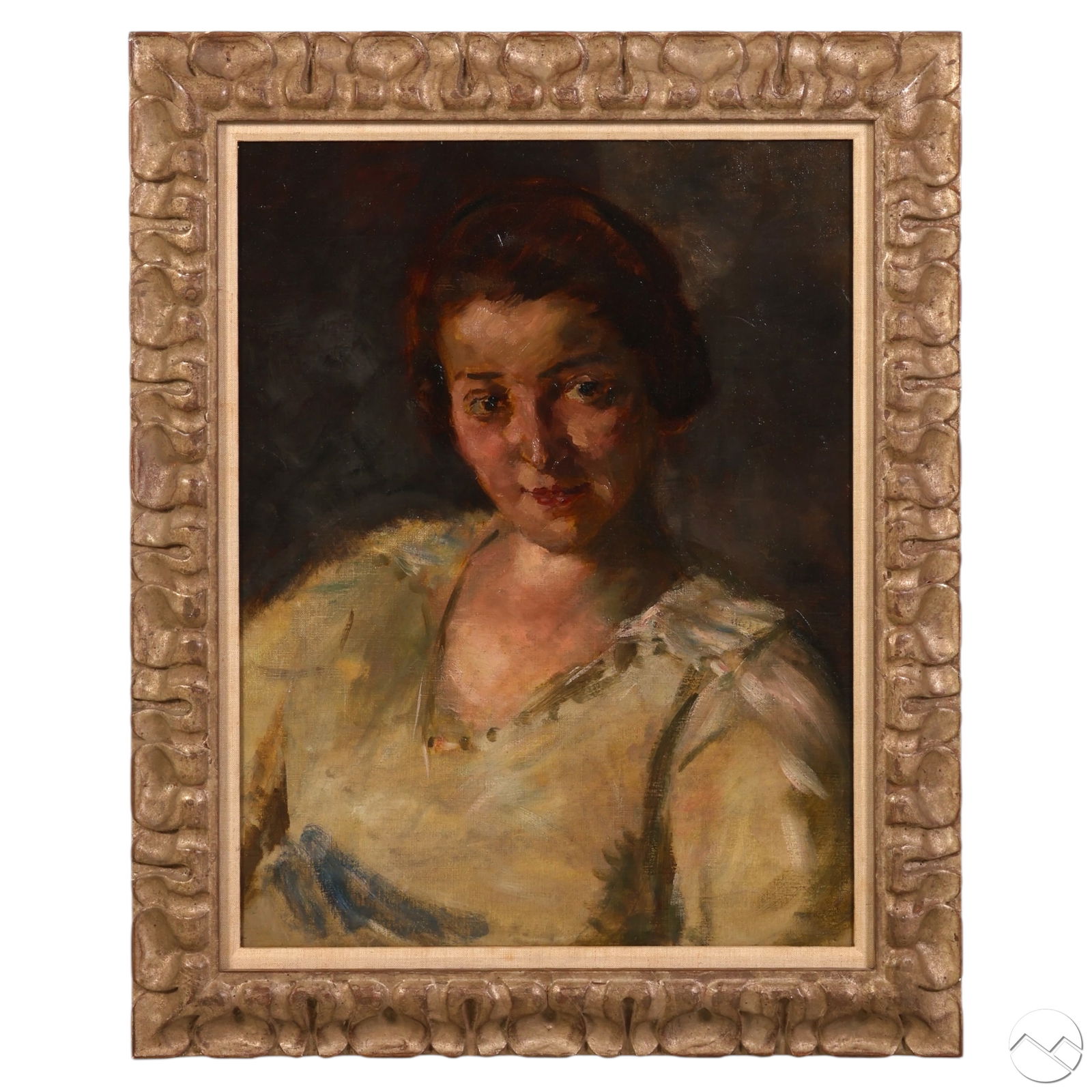 Edmund Pick Morino 1877-1958 Portrait Oil Painting: Edmund Pick Morino (Austrian, 1877-1958), antique oil on canvas portrait of a seated young woman, rendered with delicate brushwork and tonal shading. The sitter wears a pale blouse with blue accents a