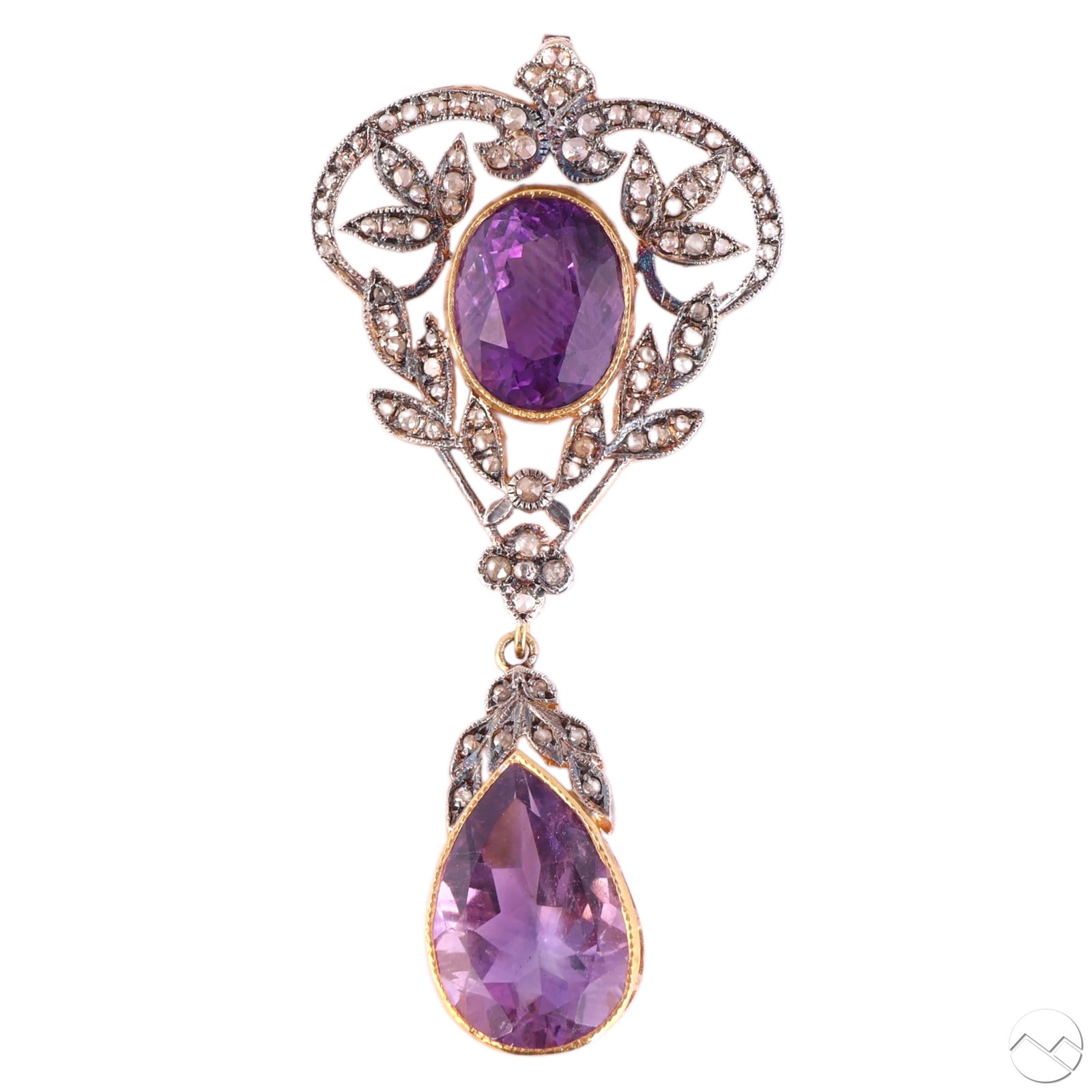 14k Diamond and Amethyst Edwardian Style Pendant: Edwardian style pendant brooch crafted in 14K yellow gold, featuring two amethyst gemstones, including an oval-cut center stone and a suspended pear-shaped drop, with a total weight of approximately 7