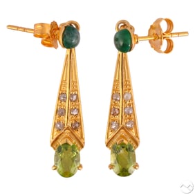 Gilt Silver Diamond Peridot & Emerald Earrings