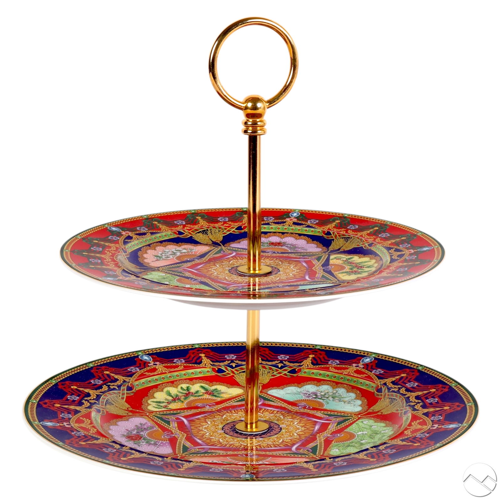 Versace Rosenthal Peace 2005 Two Tier Cake Stand: Rosenthal two-tier porcelain dessert cake server designed by Versace for the Studio Line collection. Features the Peace 2005 Christmas motif, with both plates displaying multicolor patterns of fans, t
