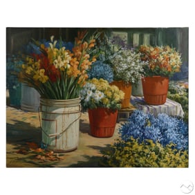 H. Vizcaya b.1951 Flower Market Scene Oil Painting