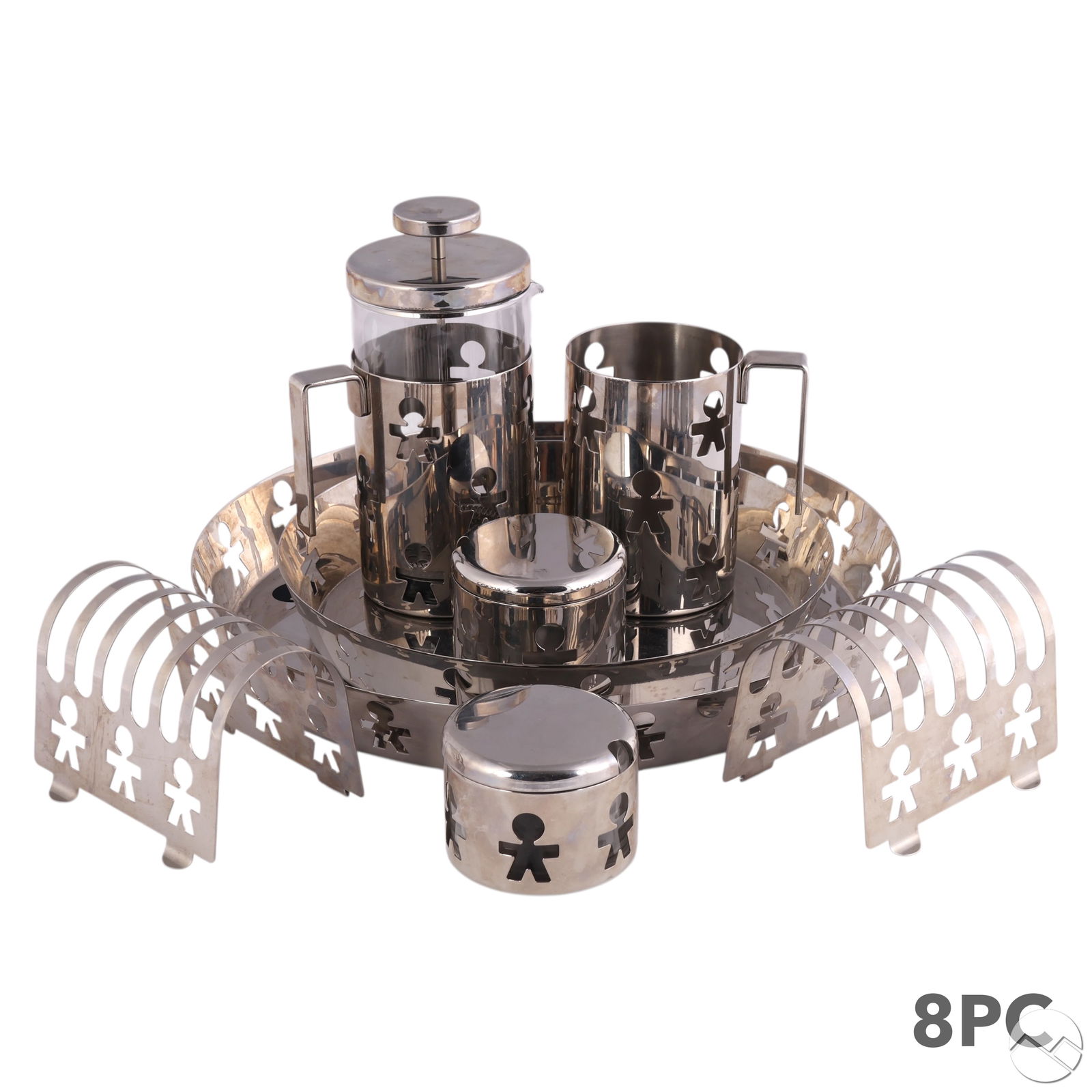 Di Alessi Italy Stainless Kitchen Serveware 8p LOT: Italian Alessi grouping of stainless steel and glass kitchen and serve ware designed by the King Kong design duo, featuring the signature cut-out men motif. The set includes a French press, sugar bowl