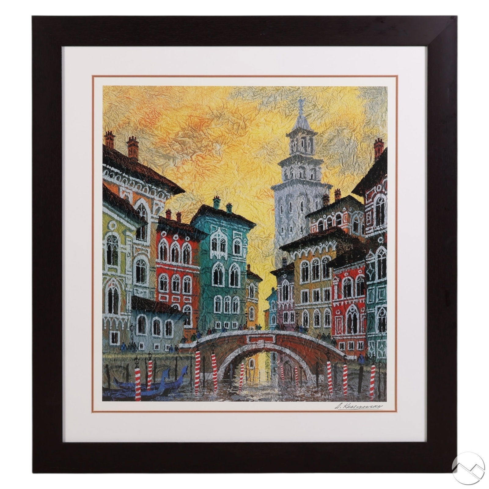 Anatole Krasnyansky 1930-2023 Venice Litho SIGNED: Anatole Krasnyansky (Russian American, 1930-2023), Venice Yellow Sunset, 2000 seriolithograph on archival paper. The composition depicts a Venetian canal scene with architectural elements, Gothic faca