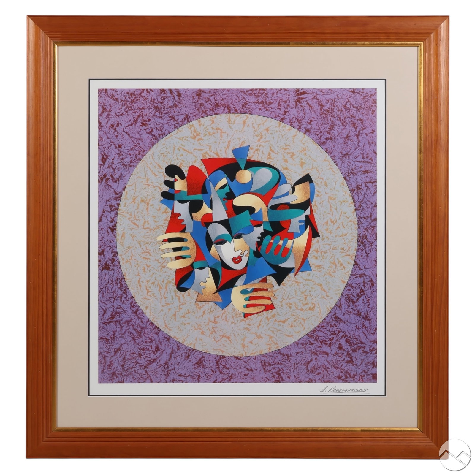Anatole Krasnyansky 1930-2023 Musical Litho SIGNED: Anatole Krasnyansky (Russian American, 1930-2023), Musical Sphere, 2005 color seriolithograph on paper. The composition features a circular motif with fragmented theatrical figures inspired by commedi