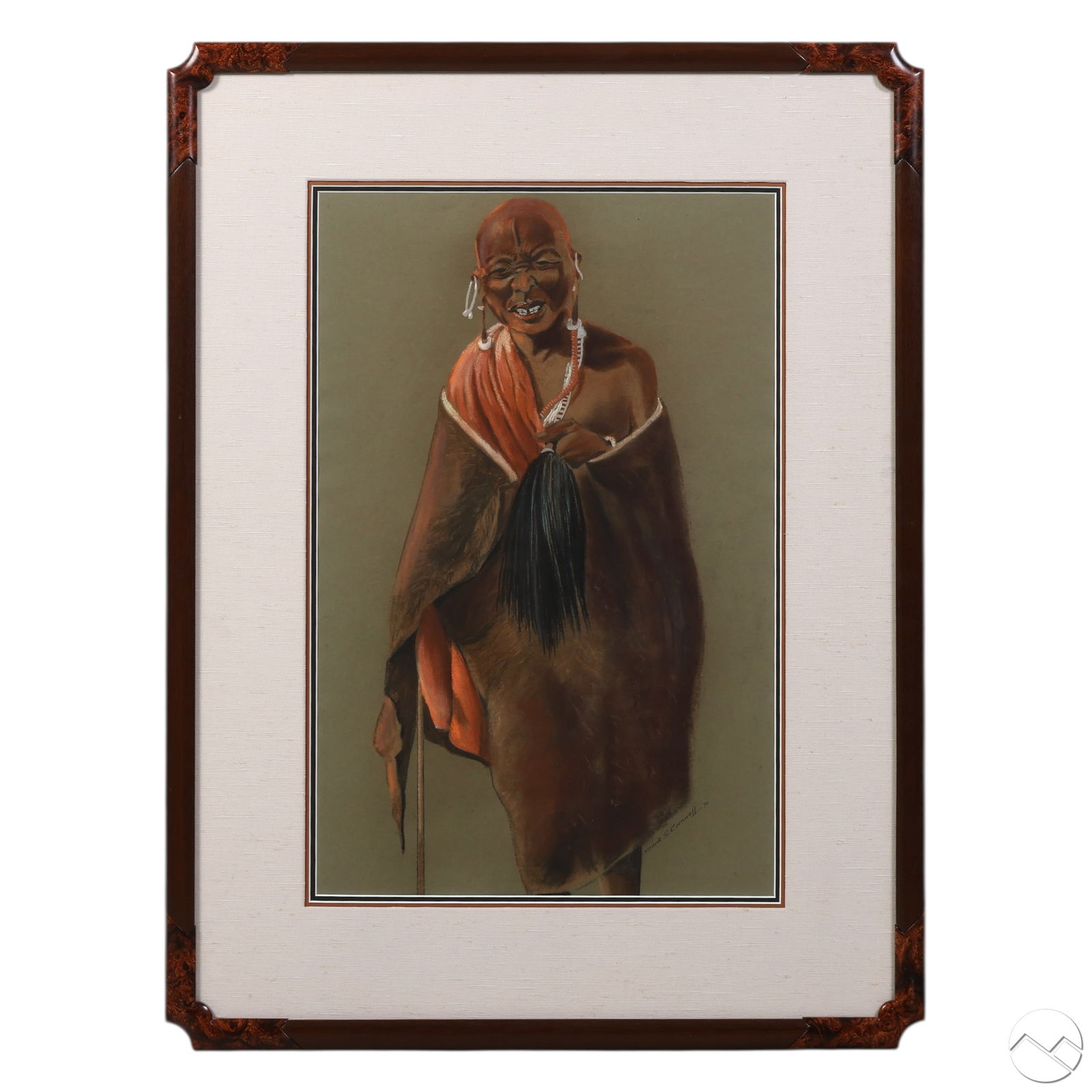 Frank Cornwell B.1939 African Man Pastel Portrait: Frank S. Cornwell (20th century), pastel portrait of a tribal elder, rendered in blended pastels on toned paper. The composition captures an African man wearing a traditional hide wrap, beaded earring