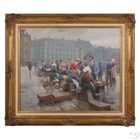 Antique European Fish Market Scene Oil Painting