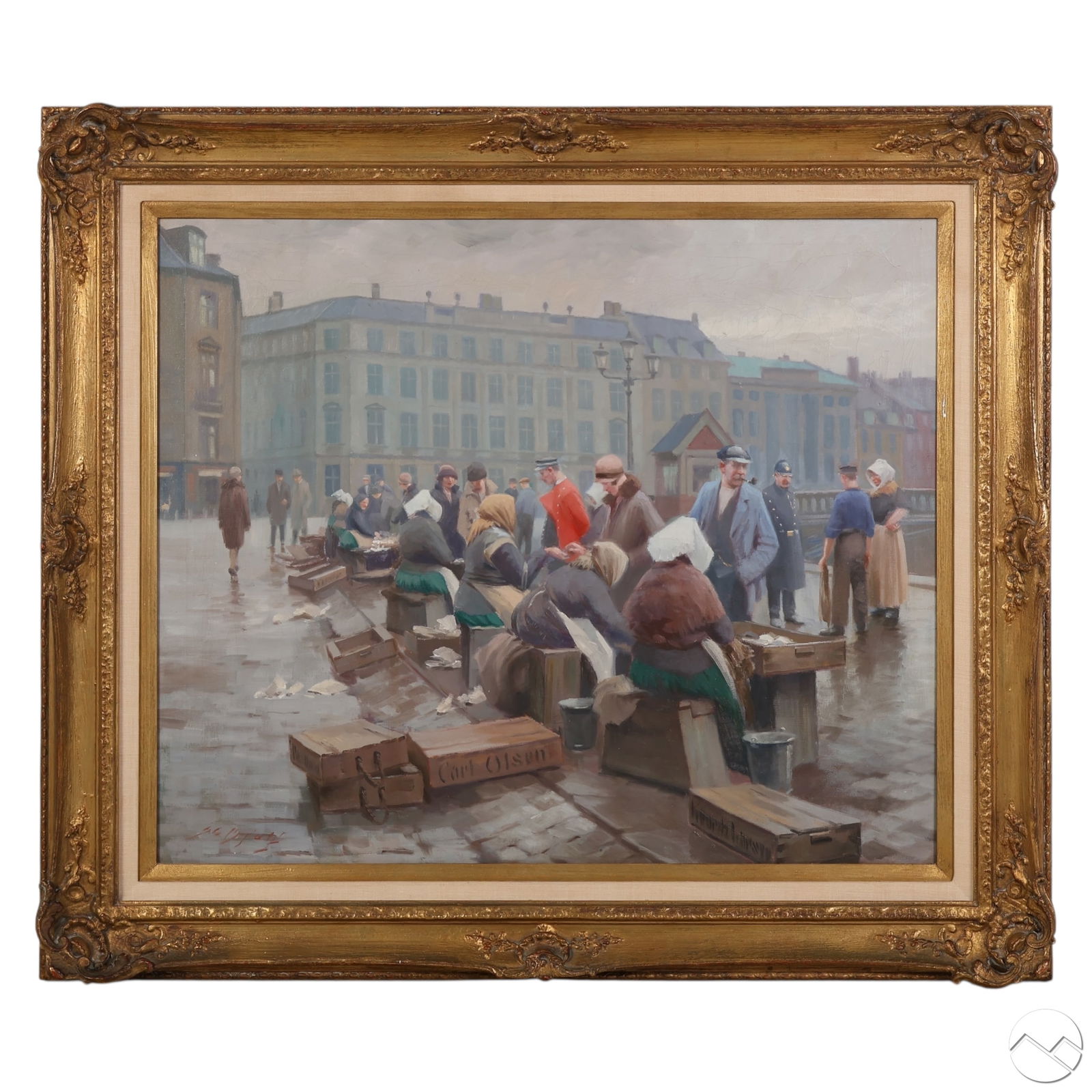 Antique European Fish Market Scene Oil Painting (1 of 6)
