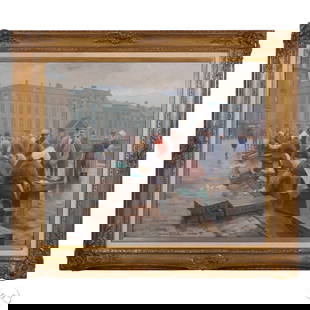 Antique European Fish Market Scene Oil Painting: Antique European oil on canvas painting depicting a bustling harbor fish market, likely late 19th to early 20th century. The composition features vendors in traditional dress selling fresh fish from w