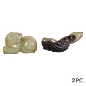 Chinese Carved Jade Type Foo Dog & Gourd Figures