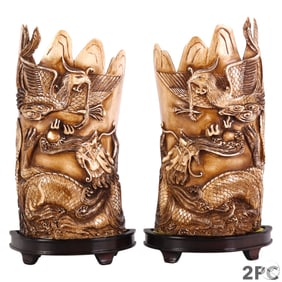 Chinese Carved Organic Dragon & Phoenix Plaques