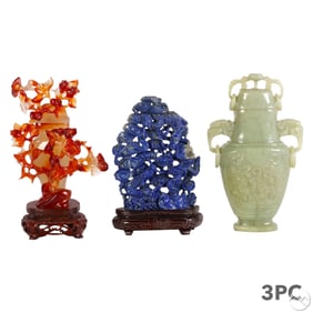 Chinese Carved Agate Jade Type Urns & Lapis Lazuli