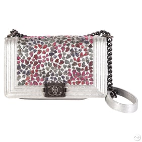 Chanel Luxury Silver Mosaic Leather Boy Flap Purse