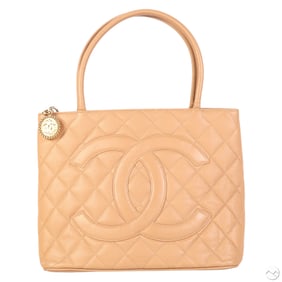Chanel CC Quilted Beige Leather Medallion Tote Bag