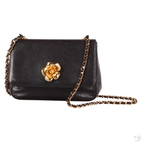 Chanel Vintage Black Leather Camellia Shoulder Bag