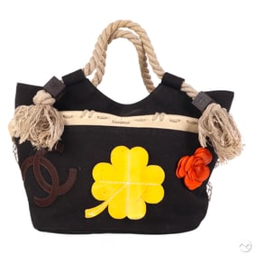 Chanel 1990 Canvas Camellia Rope Cruise Tote Purse