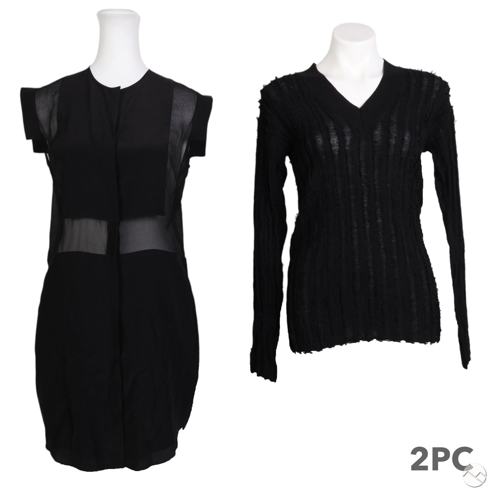 Alexander Wang Black Sweater and Dress SM 2pc LOT: Two piece lot of ladies' designer Alexander Wang apparel, including a black V-neck long sleeve sweater featuring a frayed vertical stripe texture, labeled size Small and composed of merino wool. Appro