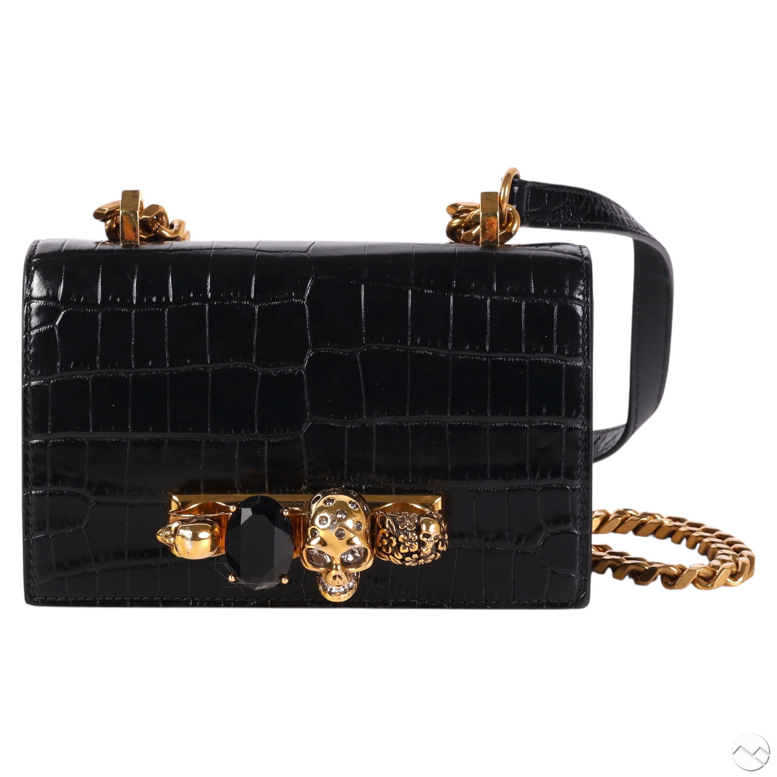 Alexander McQueen Black Mini Jeweled Satchel Purse: Alexander McQueen designer ladies' Four-Ring Mini Satchel evening bag in black embossed crocodile-pattern leather featuring a structured flap design with a gold-tone knuckle duster clasp adorned with