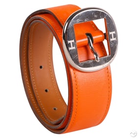 Hermes Orange Leather Waist Belt w/ H Buckle Sz 85