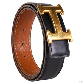 Hermes Black Tan Reversible Gold H Buckle Belt 90